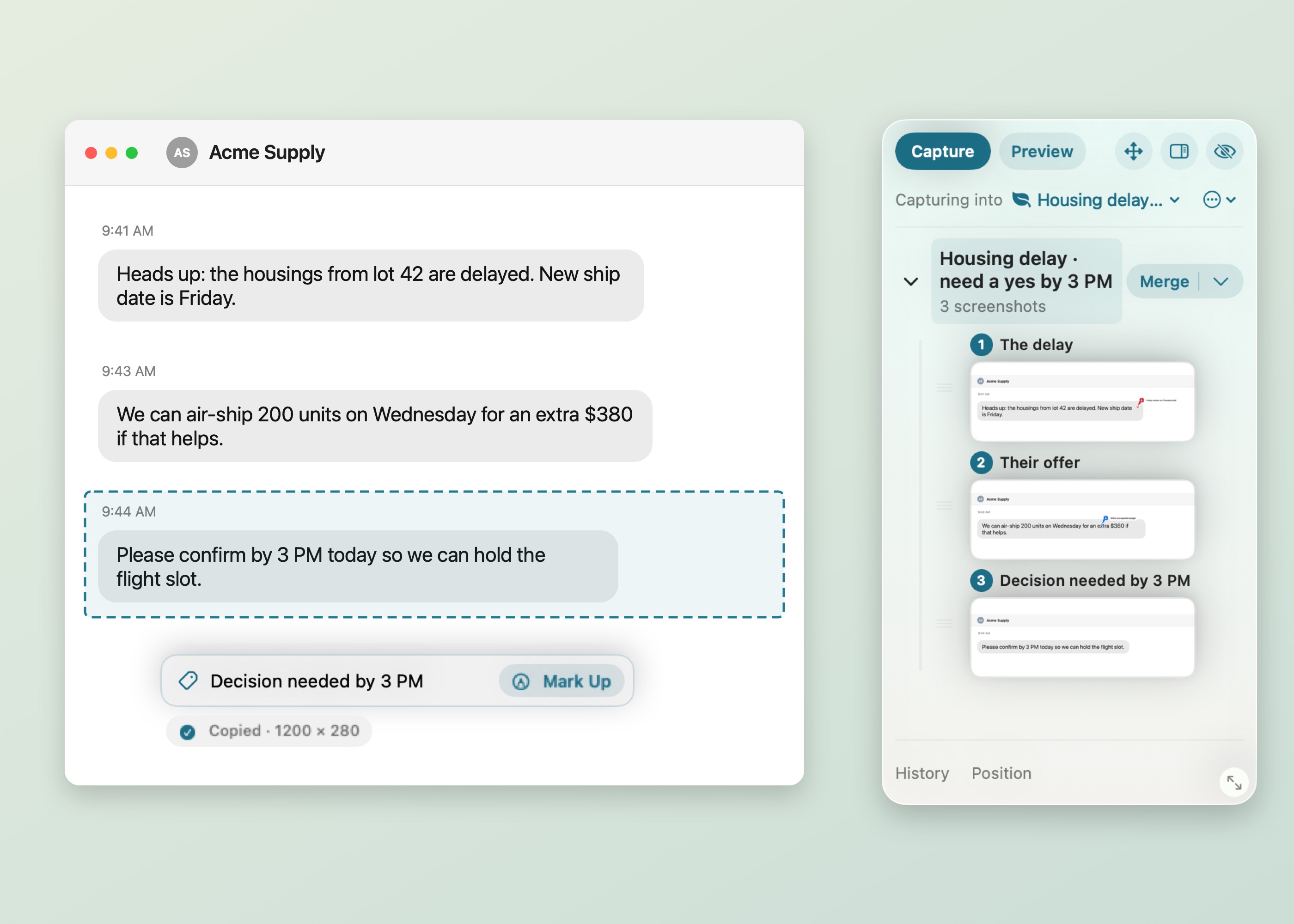 SnapTrellis on a Mac: a supplier’s reply has just been captured, the card under it is labeled Decision needed by 3 PM and says Copied, and the Trellis shows the group Housing delay with three numbered, labeled screenshots.