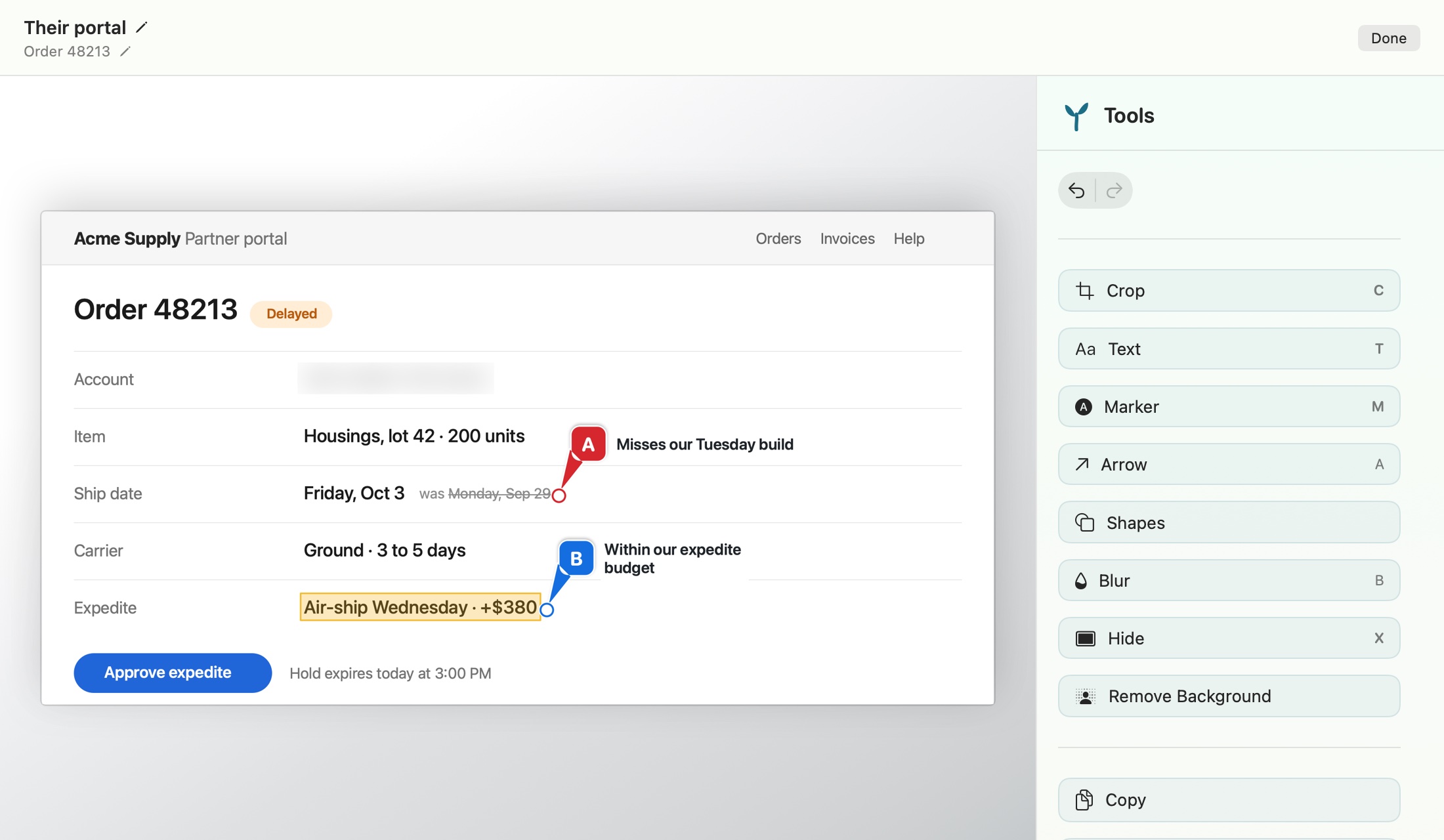 The SnapTrellis editor showing a sample supplier order page. The account number is blurred, the expedite price is highlighted, and markers A and B carry notes: Misses our Tuesday build, and Within our expedite budget. Tools: Crop, Text, Marker, Arrow, Shapes, Blur, Hide, and Remove Background.