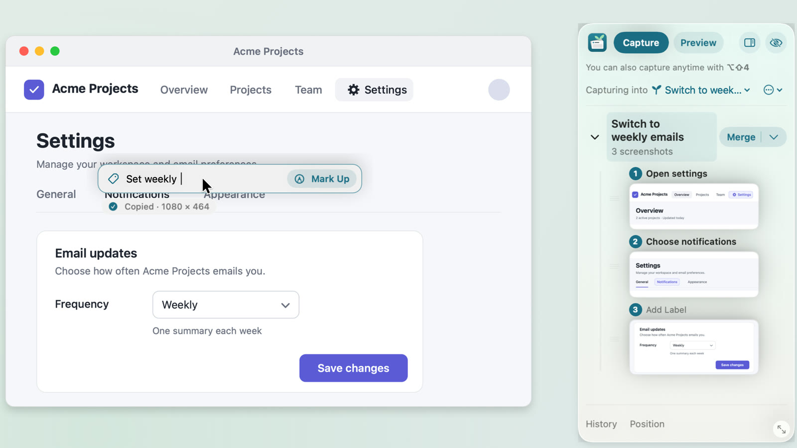 SnapTrellis on a Mac: the third step of a fictional how-to has just been captured in a made-up app, Acme Projects. The card beside it reads “Set weekly,” with “Copied · 1080 × 464” underneath, and the Trellis at the right shows the group “Switch to weekly emails” with three numbered screenshots and a Merge button.